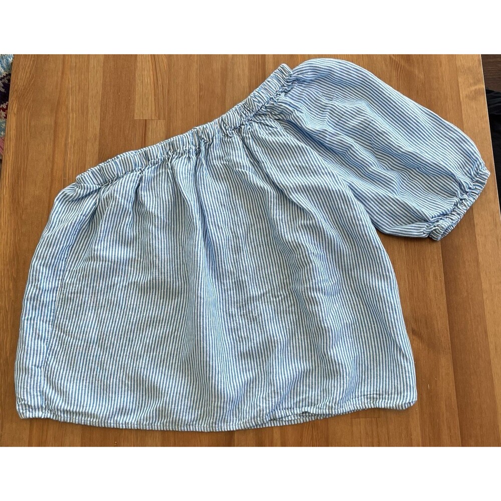 LOFT Blouse Size Small One Sleeve Blue Striped Linen Blend Boho Cottagecore